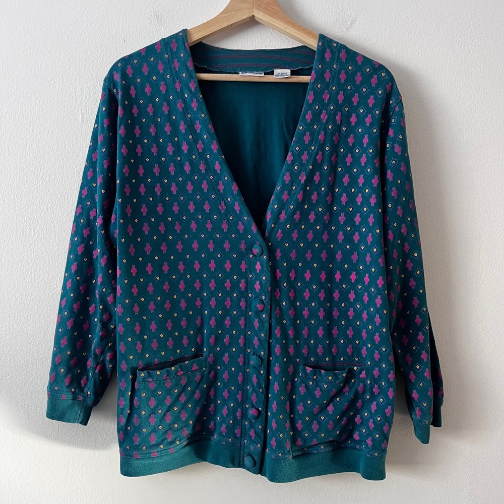 IZOD Vintage Cotton V-Neck 3/4 Sleeve Cardigan Printed Teal Purple size‎ small
